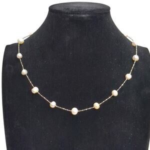 Vintage Kissaka Ivory Faux Pearls Silver Tone Station Necklace Delicate 18"